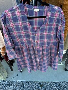 Hem & Thread Purple and Pink Plaid Button-Front Casual Dress
